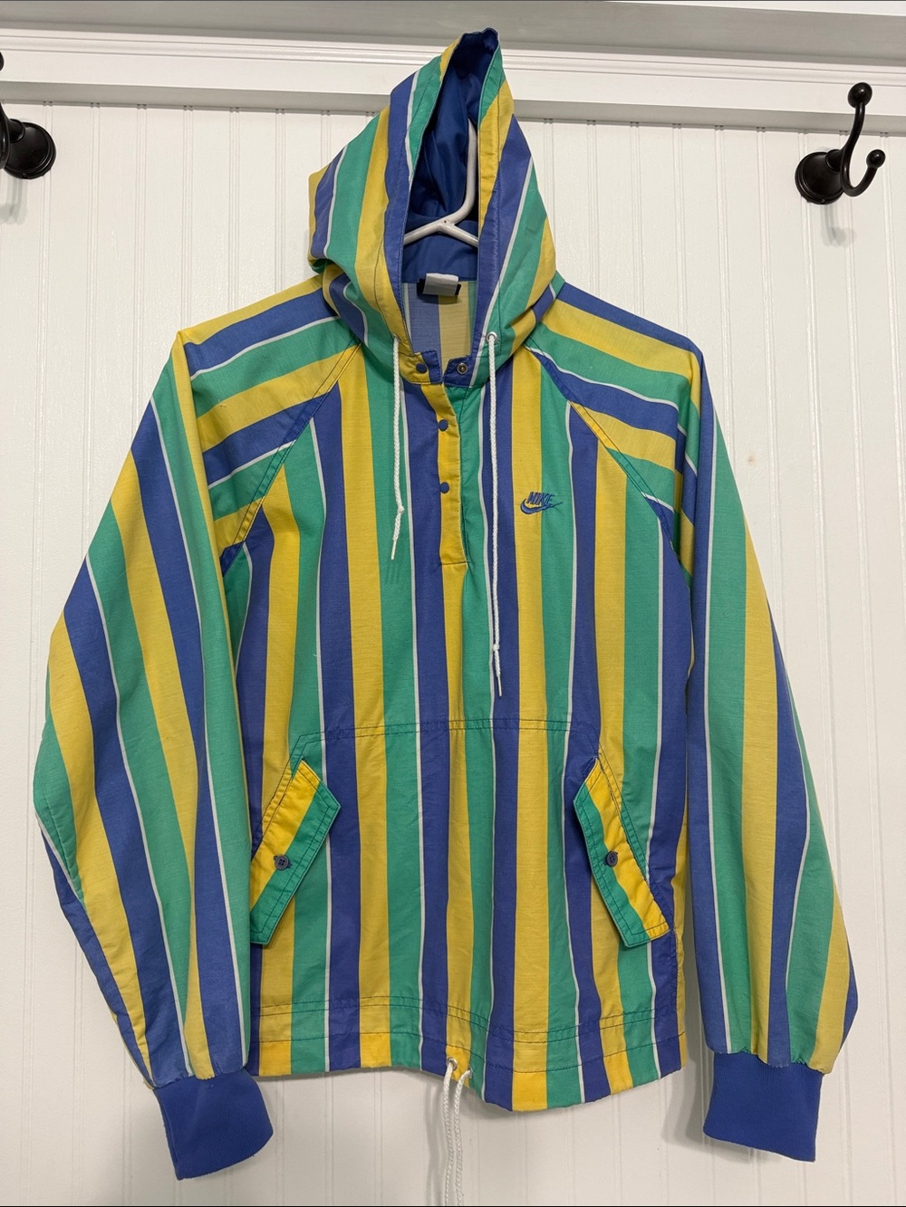 RareVntg 80s NIKE ‘navy tag’ Awning Stripe Pullover Jacket Wmn L Knit Cuffs EUC